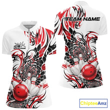 Load image into Gallery viewer, Womens white bowling quarter-zip mockup displayed from front and back with red and black tribal artwork, textured scale motifs, and bowling pin graphics