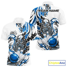 Load image into Gallery viewer, Front and back mockup of a mens white bowling polo shirt featuring blue and black tribal accents, scale textures, and bowling-themed artwork
