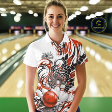 Load image into Gallery viewer, Female model in a bowling alley wearing a white bowling polo shirt with orange and black tribal artwork and bowling-themed graphics