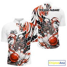 Load image into Gallery viewer, Front and back mockup of a mens white bowling quarter-zip featuring orange and black tribal patterns, textured scale details, and bowling pin imagery