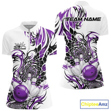 Load image into Gallery viewer, Front and back view of a womens white bowling quarter-zip mockup featuring purple and black tribal artwork and bowling action imagery