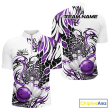 Load image into Gallery viewer, Front and back mockup of a mens white bowling quarter zip featuring purple and black tribal scale graphics with a glossy red bowling ball striking pins