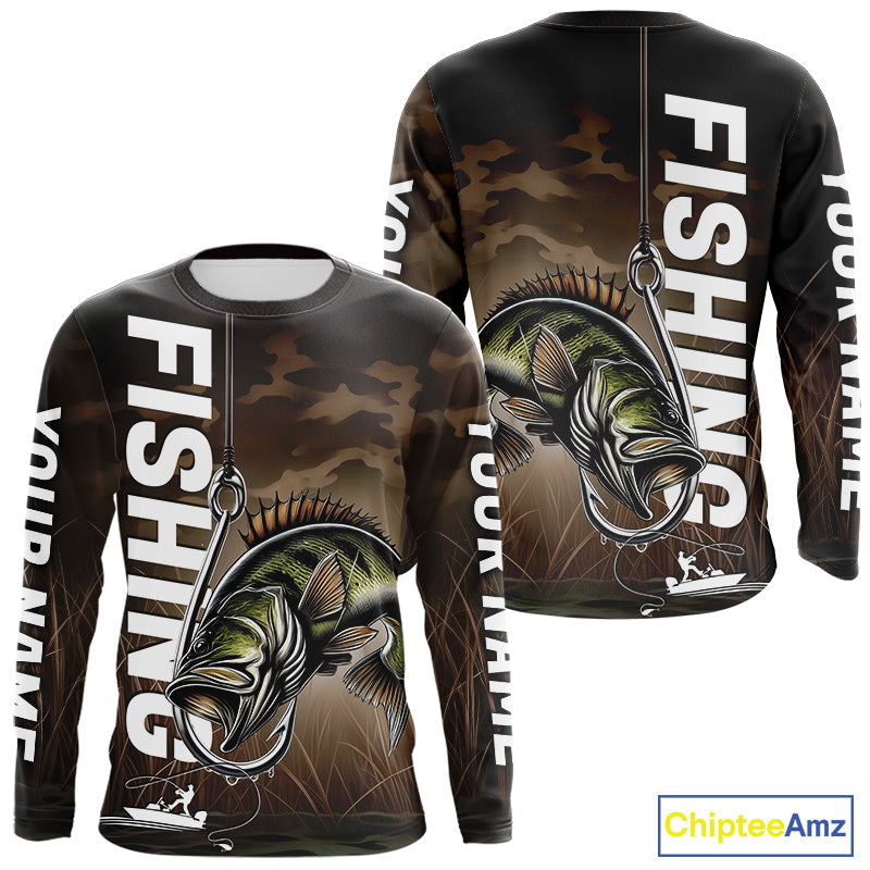 Brown Camouflage Fish Hook Custom Largemouth Bass Long Sleeve Tournament Fishing Shirts IPHW9212