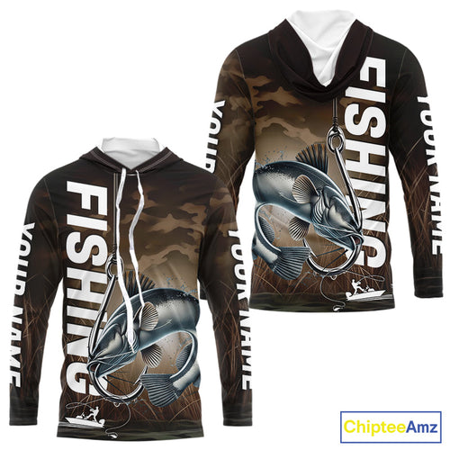 Brown Camouflage Fish Hook Custom Catfish Long Sleeve Hooded Tournament Fishing Shirts IPHW9213