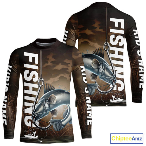 Brown Camouflage Fish Hook Custom Catfish Kid Long Sleeve Tournament Fishing Shirts IPHW9213