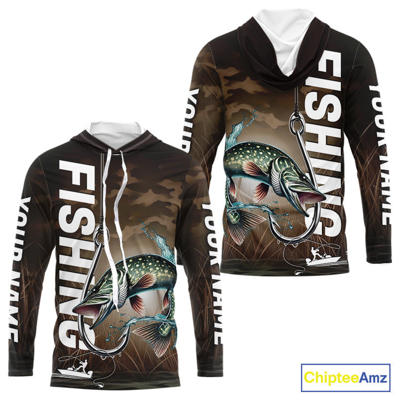 Brown Camouflage Fish Hook Custom Pike Long Sleeve Hooded Tournament Fishing Shirts IPHW9214