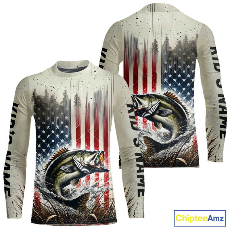 Custom Patriotic US Flag Largemouth Bass Kid Long Sleeve Fishing Shirts, Bass Fishing Jerseys IPHW9215