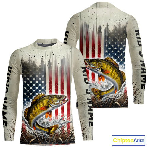 Custom Patriotic US Flag Walleye Kid Long Sleeve Fishing Shirts, Walleye Fishing Jerseys IPHW9216