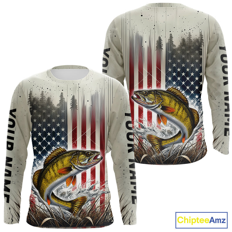 Custom Patriotic US Flag Walleye Long Sleeve Fishing Shirts, Walleye Fishing Jerseys IPHW9216