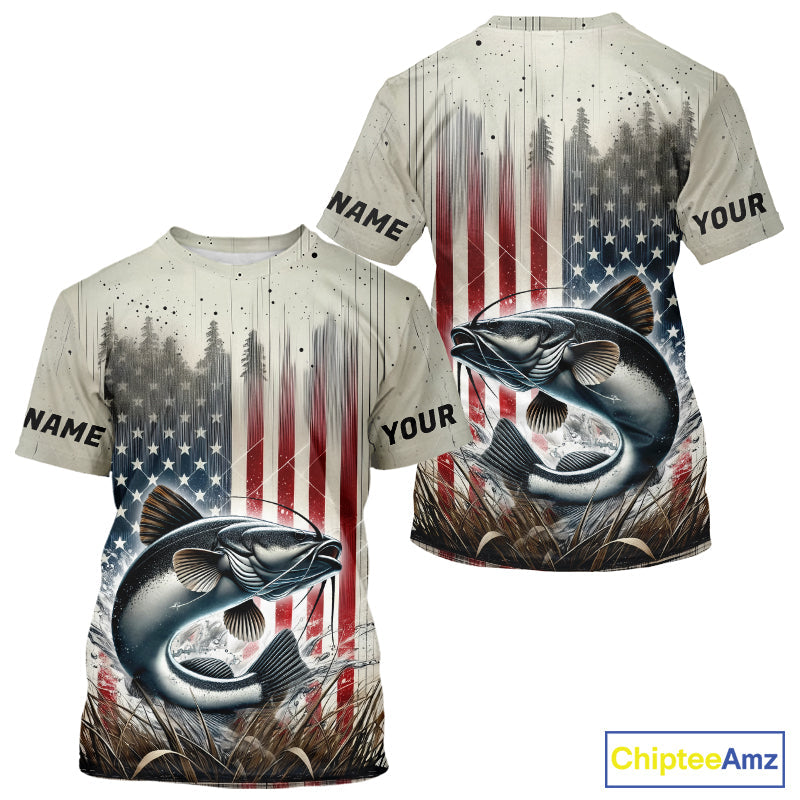 Custom Patriotic US Flag Catfish Fishing T-Shirts, Catfish Fishing Jerseys IPHW9217