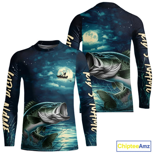 Full Moon Fishing Custom Largemouth Bass Kid Long Sleeve Night Fishing Shirts For Fishing Lovers IPHW9221