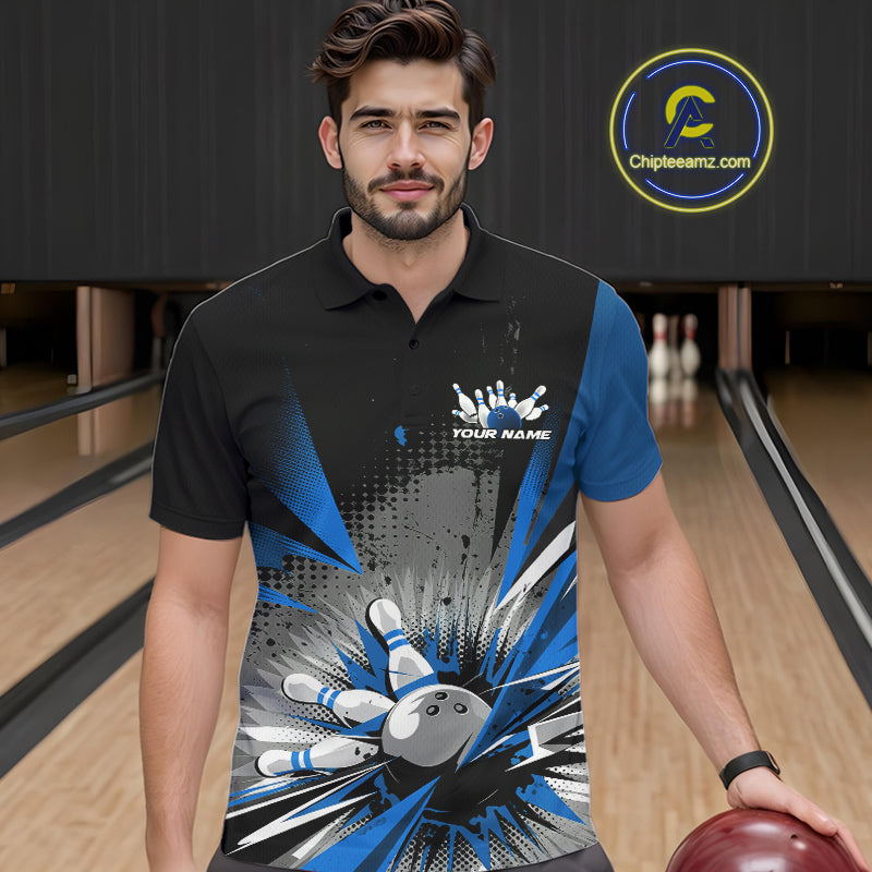 Custom Black And Blue Grunge Bowling Ball And Pins Explosion Team Polo Shirts For Men IPHW9548