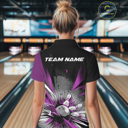 Custom Black And Purple Grunge Bowling Ball And Pins Explosion Team Polo Shirts For Women IPHW9549