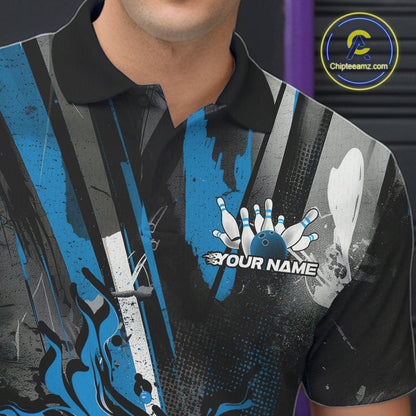 Custom Grunge Black And Blue Fire Flame Bowling Polo Shirts For Men, Bowling Team Uniform IPHW9556