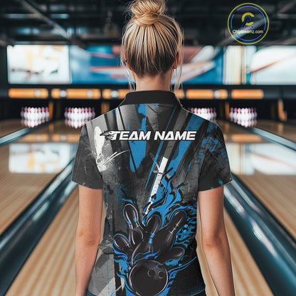 Custom Grunge Black And Blue Fire Flame Bowling Women Polo Shirt, Bowling Team Uniform IPHW9556