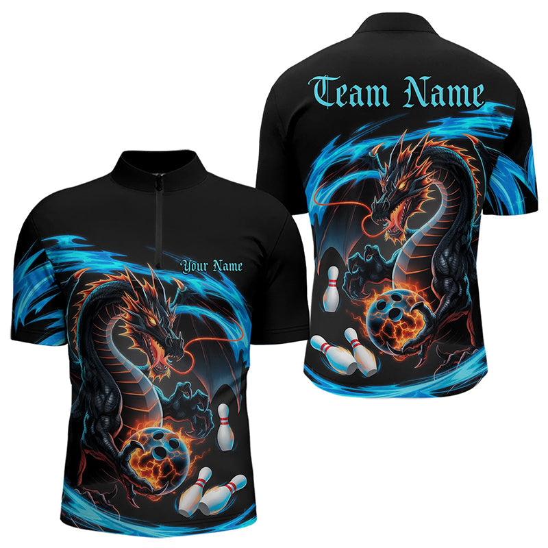 Custom Blue Flame Dragon Bowling Quarter-Zip Shirts For Men, Dragon Bowling Team Jerseys IPHW8254