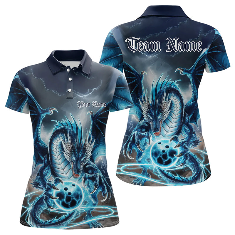 Blue Thunder Lightning Custom Dragon Bowling Polo Shirts For Women, Bowling Team Uniform IPHW8255