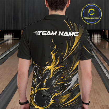 Custom Black And Yellow Fire Flame Bowling Men Jerseys, Bowling League Polo Shirt IPHW10310