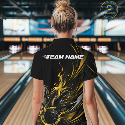 Custom Black And Yellow Fire Flame Bowling Women Jerseys, Bowling League Shirt IPHW10310