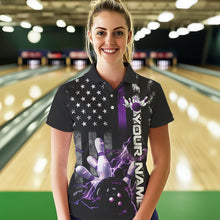 Load image into Gallery viewer, Custom Black And Purple Thin Line American Flag Patriotic US Bowling Polo Shirts For Women IPHW8517