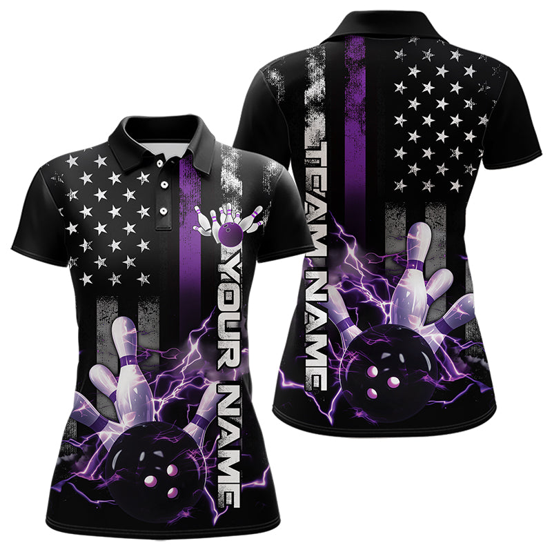 Custom Black And Purple Thin Line American Flag Patriotic US Bowling Polo Shirts For Women IPHW8517