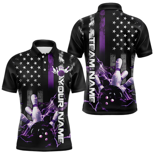Custom Black And Purple Thin Line American Flag Patriotic US Bowling Team Polo Shirts For Men IPHW8517