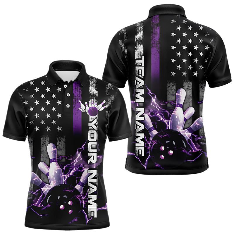 Custom Black And Purple Thin Line American Flag Patriotic US Bowling Team Polo Shirts For Men IPHW8517