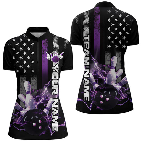 Custom Black And Purple Thin Line American Flag US Bowling Womens Quarter-Zip Shirts IPHW8517