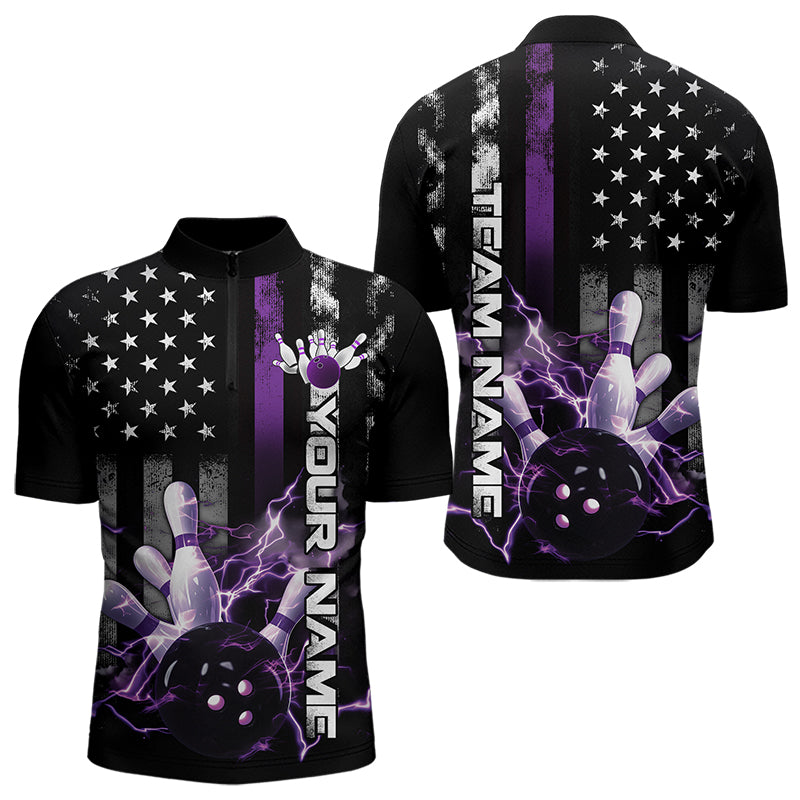 Custom Black And Purple Thin Line American Flag Patriotic US Bowling Team Quarter-Zip Shirts For Men IPHW8517