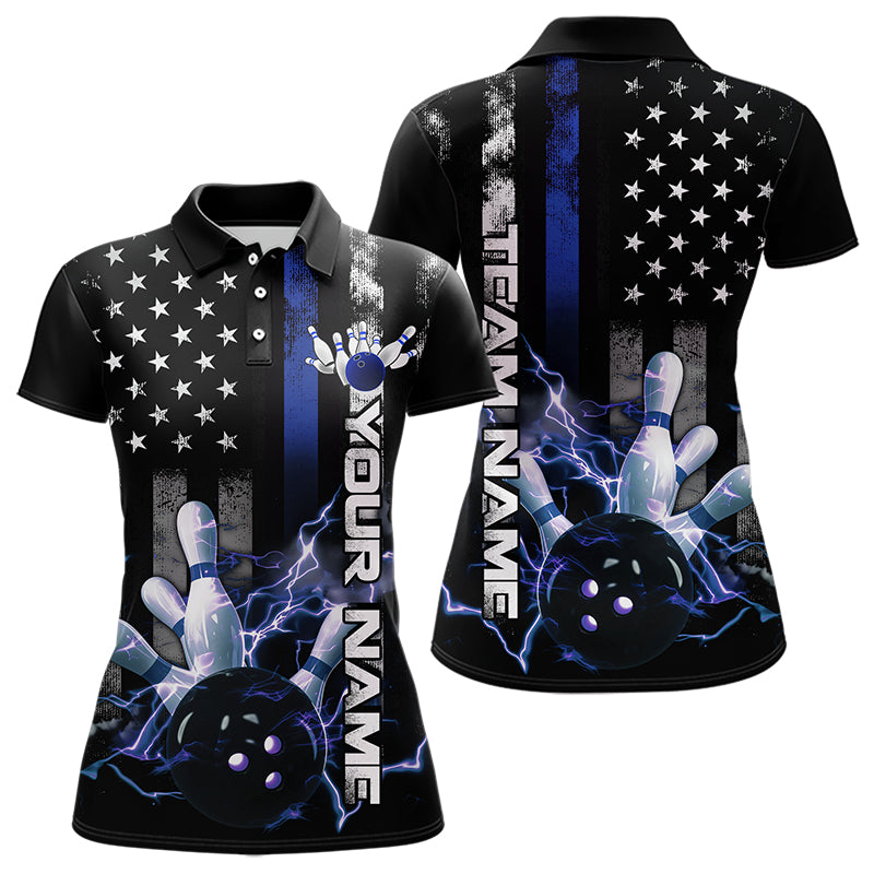 Custom Black And Blue Thin Line American Flag Patriotic US Bowling Polo Shirts For Women IPHW8518
