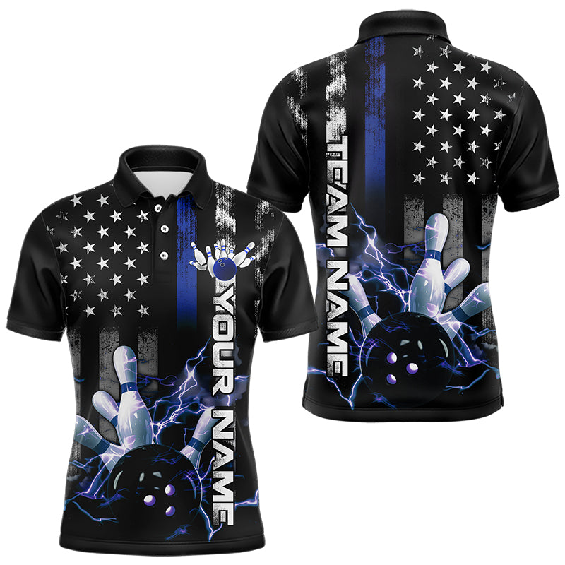 Custom Black And Blue Thin Line American Flag Patriotic US Bowling Team Polo Shirts For Men IPHW8518