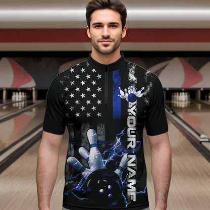 Custom Black And Blue Thin Line American Flag Patriotic US Bowling Team Quarter-Zip Shirts For Men IPHW8518