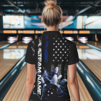 Custom Black And Blue Thin Line American Flag US Bowling Team Quarter-Zip Shirts For Women IPHW8518