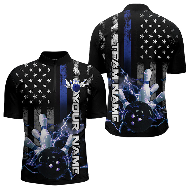 Custom Black And Blue Thin Line American Flag Patriotic US Bowling Team Quarter-Zip Shirts For Men IPHW8518
