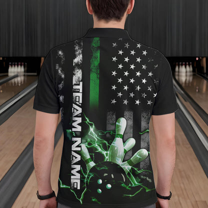 Custom Black And Green Thin Line American Flag Patriotic US Bowling Team Polo Shirts For Men IPHW8519