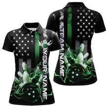 Load image into Gallery viewer, Custom Black And Green Thin Line American Flag Patriotic US Bowling Polo Shirts For Women IPHW8519
