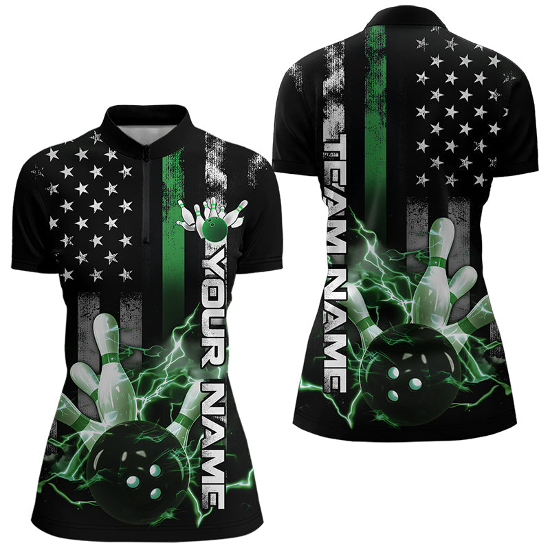 Custom Black And Green Thin Line American Flag US Bowling Team Womens Quarter-Zip Shirts IPHW8519