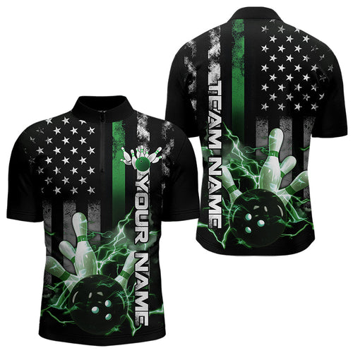 Custom Black And Green Thin Line American Flag Patriotic US Bowling Team Quarter-Zip Shirts For Men IPHW8519