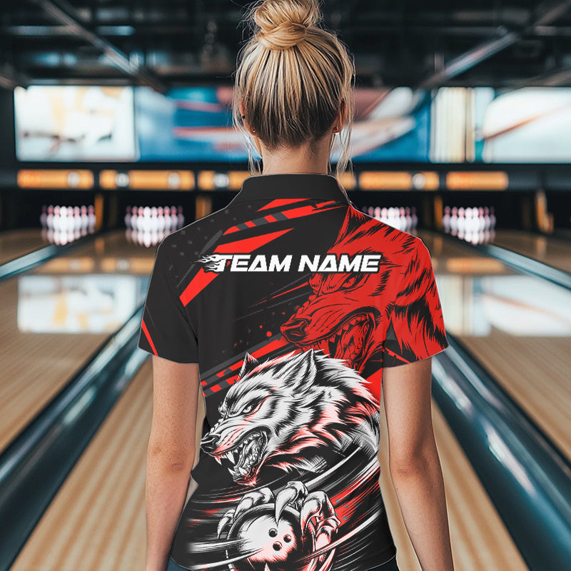 Custom Black And Red Wolf Bowling Women Polo Shirts, Wolf Bowling League Shirt Team Uniform IPHW8714