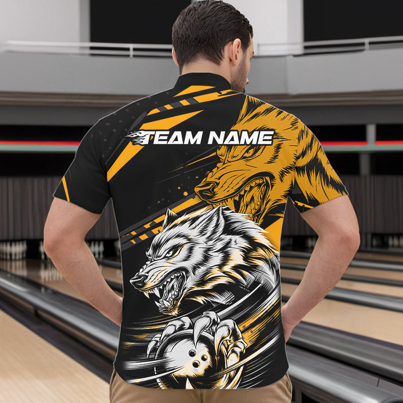 Custom Black And Yellow Wolf Bowling Men Quarter-Zip Shirts, Wolf Bowling League Shirt Team Uniform IPHW8716