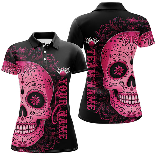 Pink Sugar Skull Tattoo Custom Ladies Team Bowling Polo Shirts, Halloween Team Bowling Jerseys IPHW6713