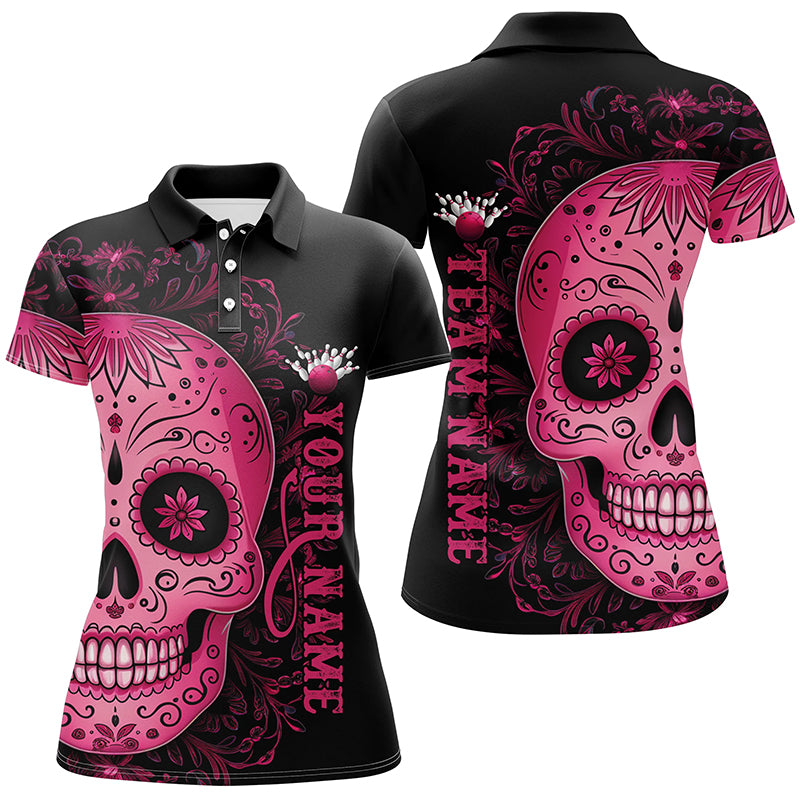 Pink Sugar Skull Tattoo Custom Ladies Team Bowling Polo Shirts, Halloween Team Bowling Jerseys IPHW6713