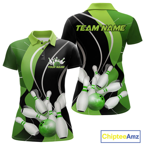 Custom Black And Green Bowling Jerseys, Women Bowling Polo Shirt Team Uniform IPHW9225