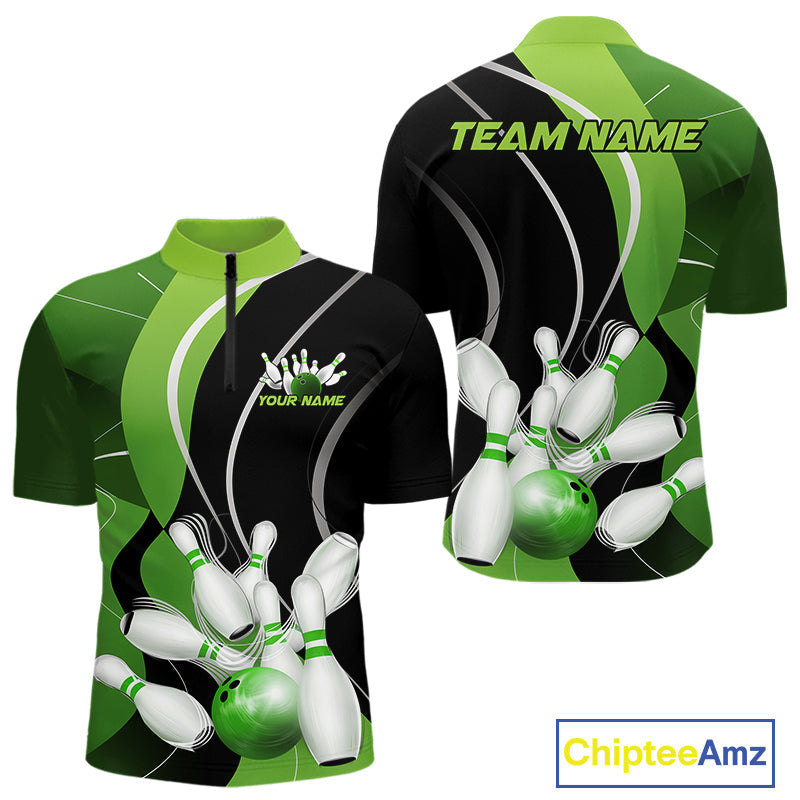 Custom Black And Green Bowling Jerseys, Men Bowling Quarter-Zip Shirt Team Uniform IPHW9225
