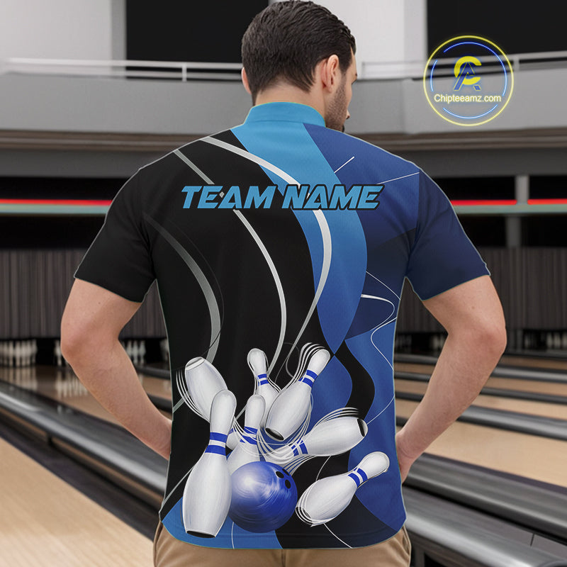 Custom Black And Blue Bowling Jerseys, Men Bowling Quarter-Zip Shirt Team Uniform IPHW9226