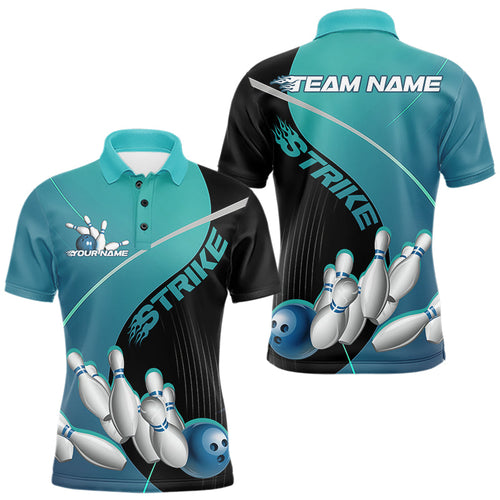 Custom Black And Blue Strike Bowling Polo Shirts For Men, Bowler Outfit Team Jerseys IPHW9229