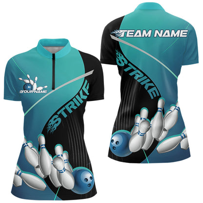 Custom Black And Blue Strike Bowling Quarter-Zip Shirts For Women, Team Bowler Jerseys IPHW9229