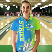 Load image into Gallery viewer, Custom Blue And Green Strike Bowling Polo Shirts For Women, Strike Bowling Team Jersey IPHW9234