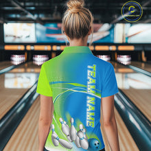 Load image into Gallery viewer, Custom Blue And Green Strike Bowling Quarter-Zip Shirts For Women, Bowling Team Jersey IPHW9234