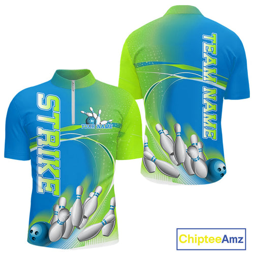 Custom Blue And Green Strike Bowling Quarter-Zip Shirts For Men, Strike Bowling Team Jersey IPHW9234